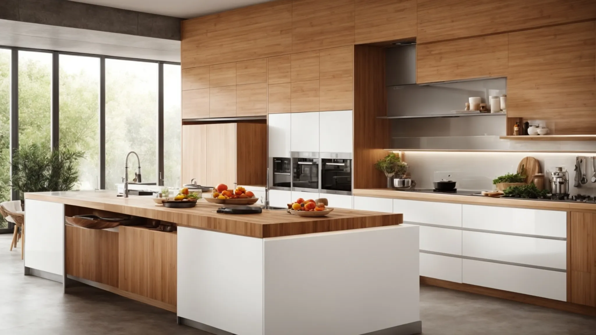 a modern kitchen with energy-efficient appliances and bamboo countertops.